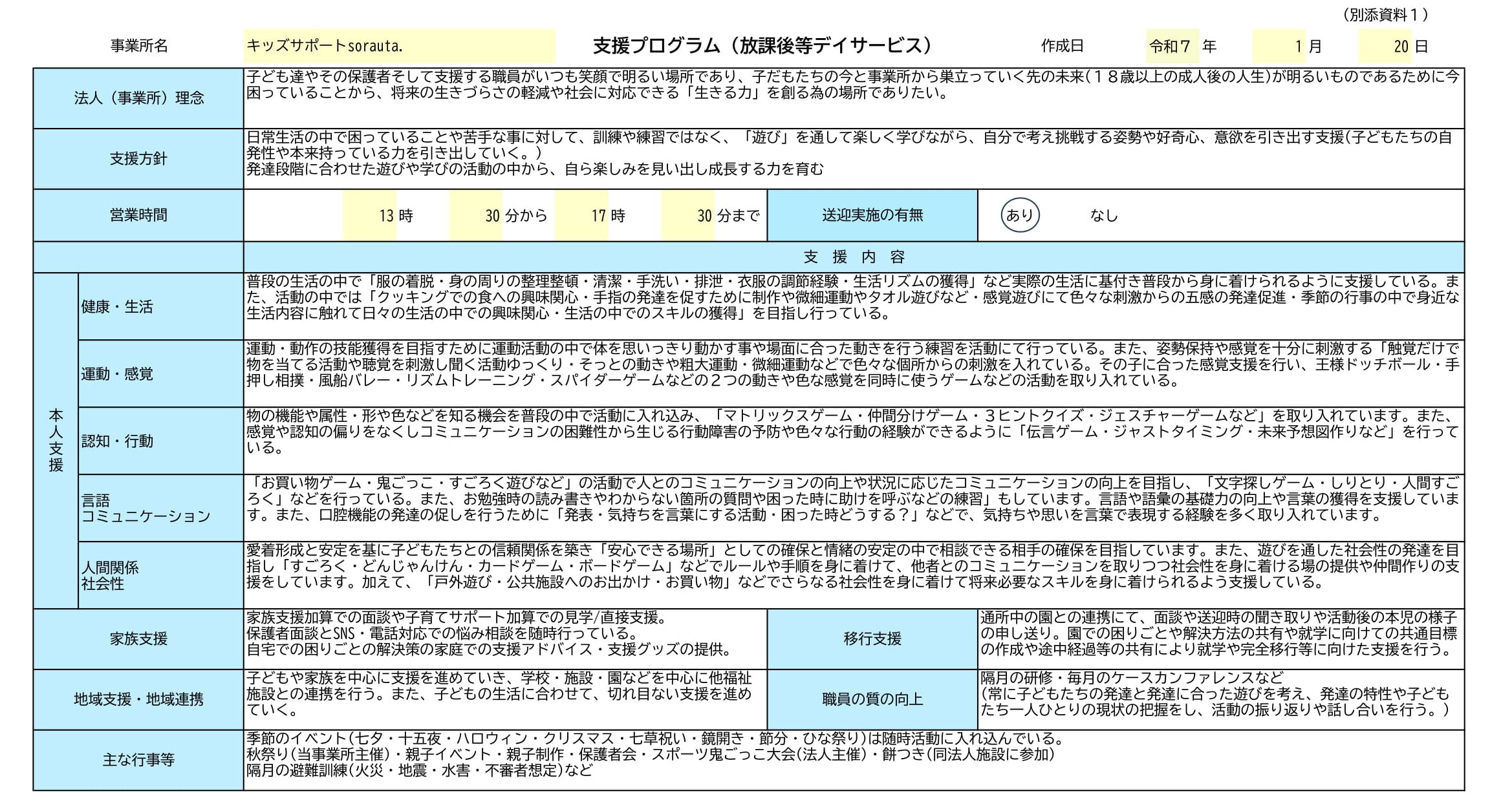 支援プログラム_キッズサポートsorauta放課後等デイサービス