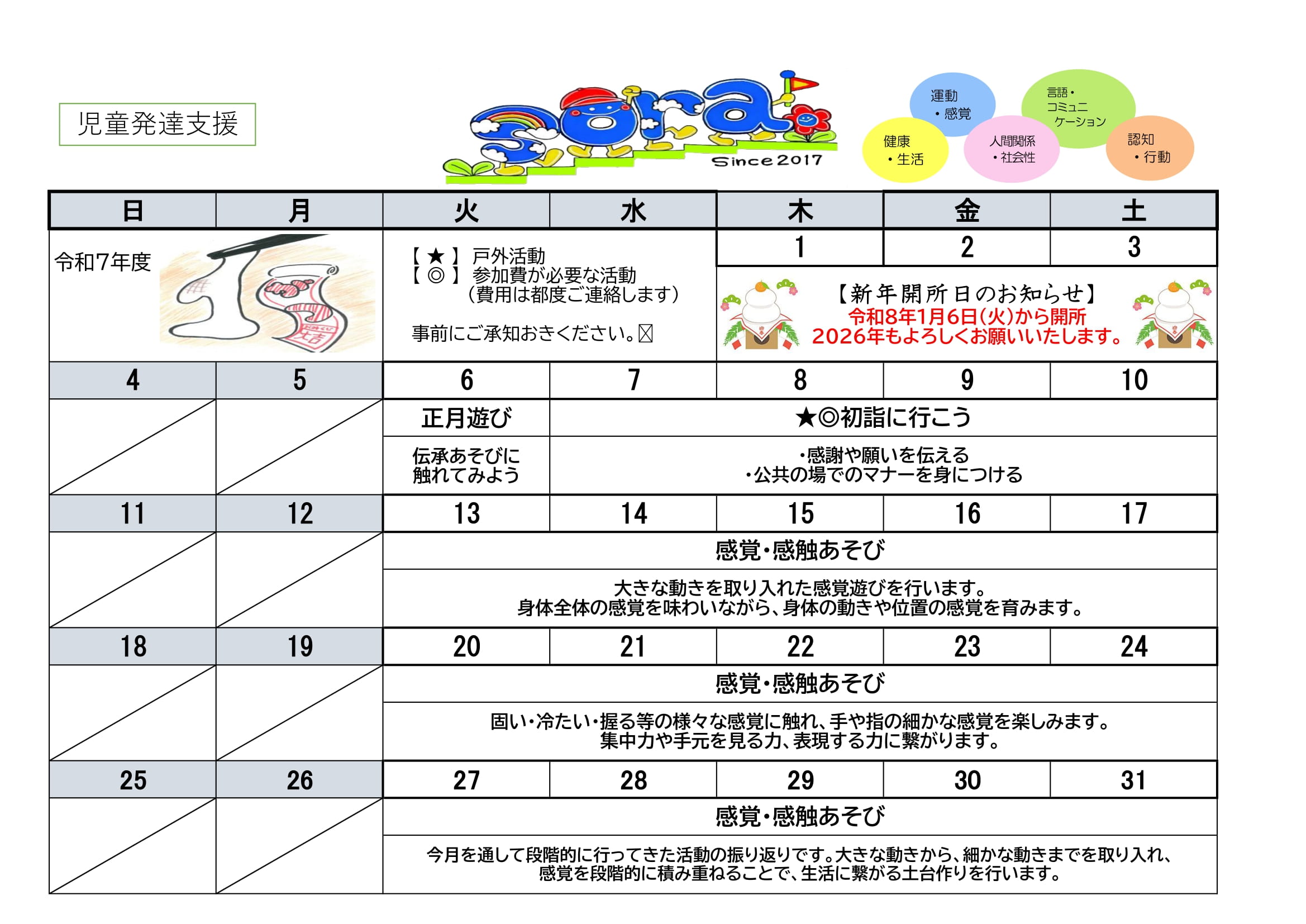 NPO法人チャトン・キッズサポートsora.児童発達支援2026年1月度の予定表